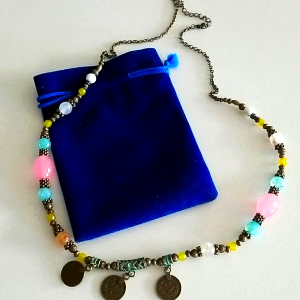Semi Precious Beaded Gems  Coins Link Chain Necklace